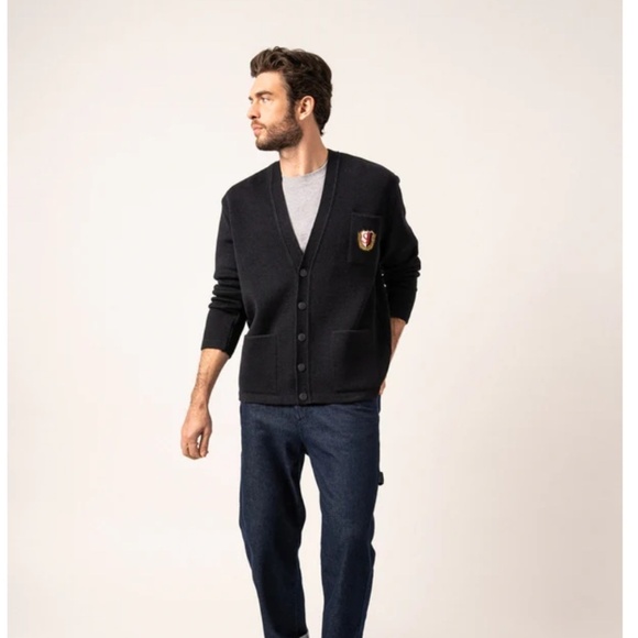 Vintage 70s men’s knit Cardigan Academia School prep Varsity Wool Navy blue L - Picture 1 of 16